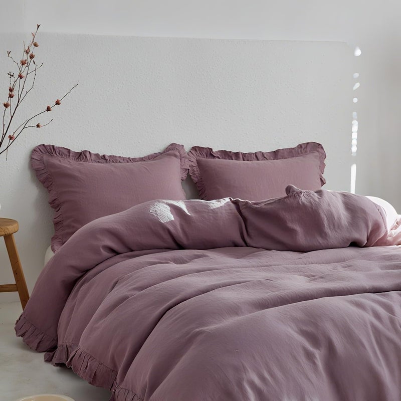 Simple&Opulence 100% Linen Duvet Cover Set, 3 PCS Natural French Flax Purple Ruffle Duvet Cover King Size, Breathable Comfy Linen Bedding Comforter Cover with 2 Pillowcases (Purple, 104" X 92") - Image 2